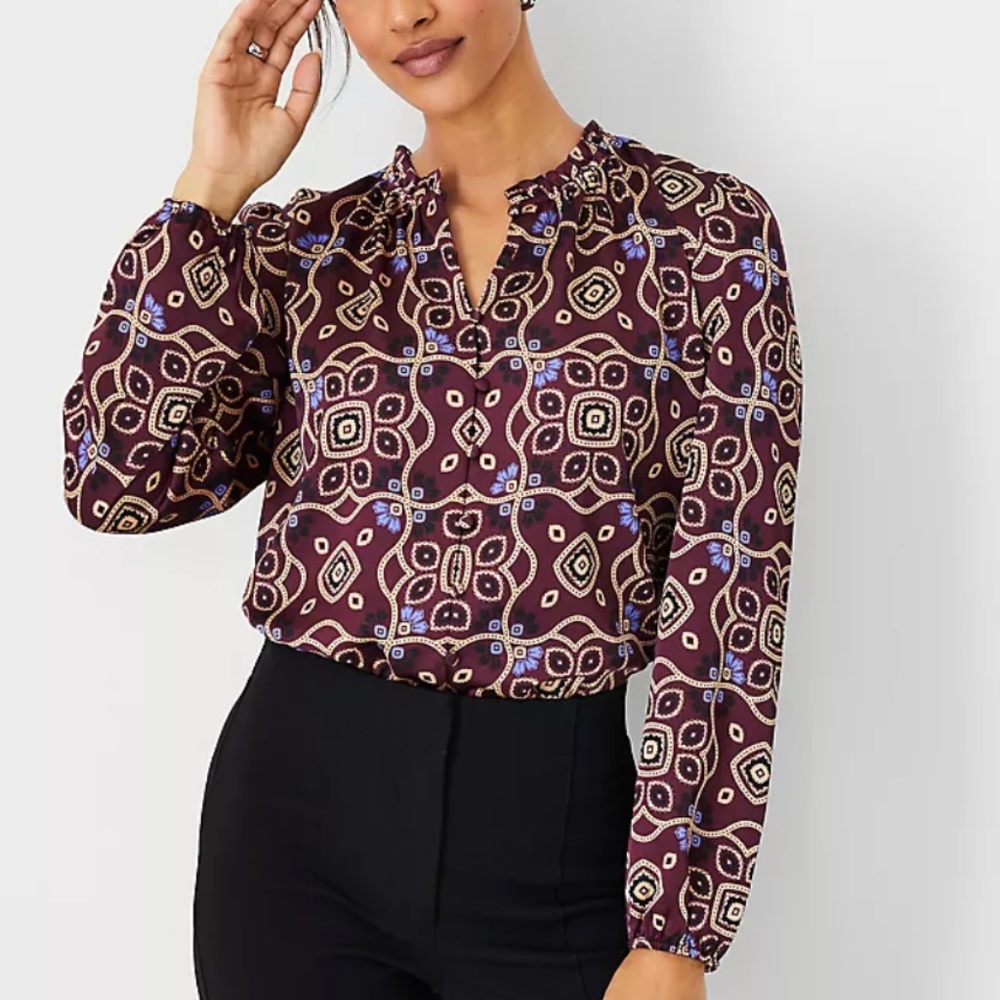 Ann Taylor Burgundy Patterned Long-Sleeve Blouse